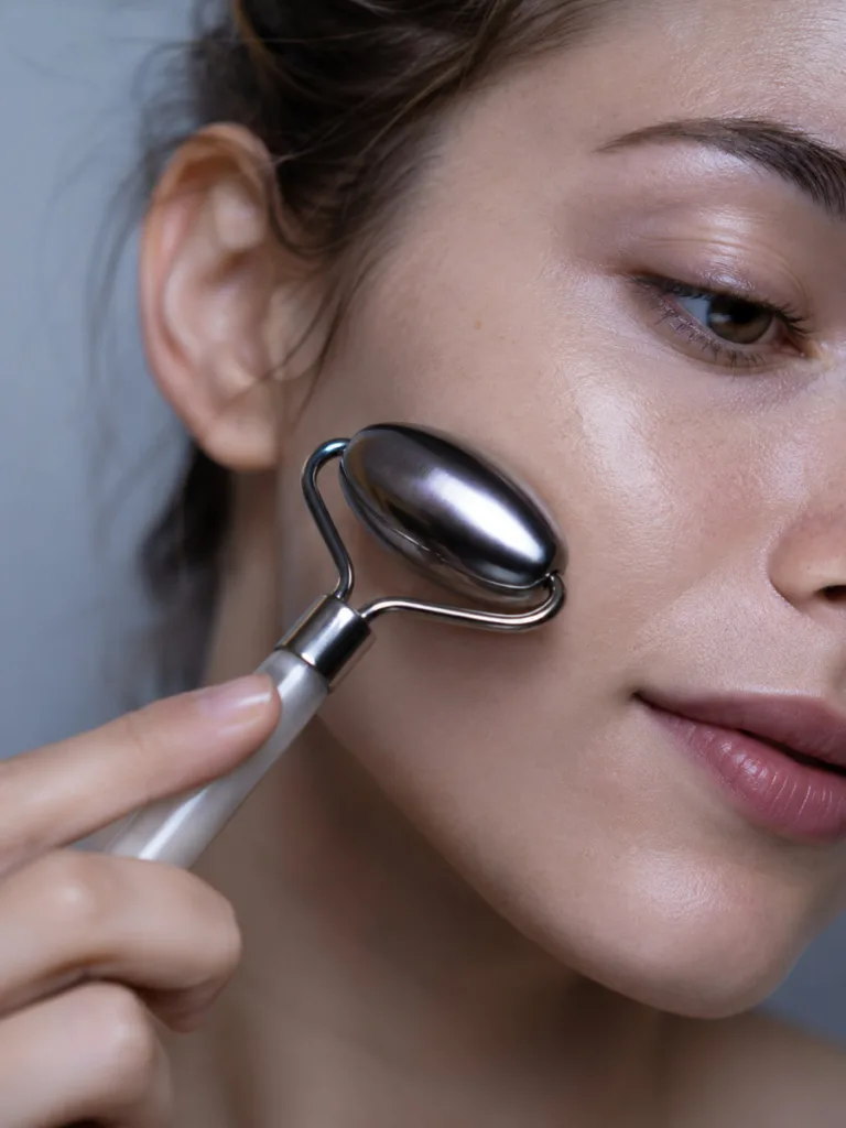 Close-up of a chilled metal facial roller pressed against a cheekbone