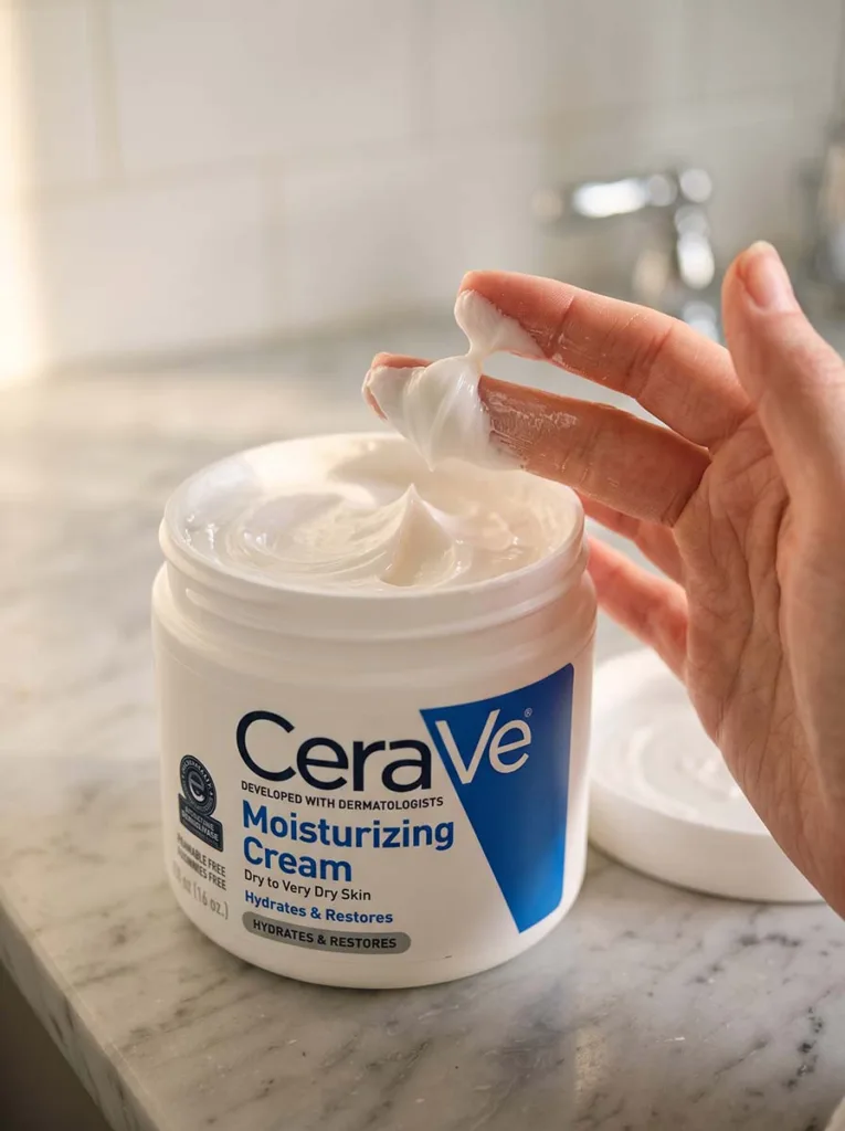 woman's hand scooping CeraVe moisturizing cream from white jar for dry winter skin