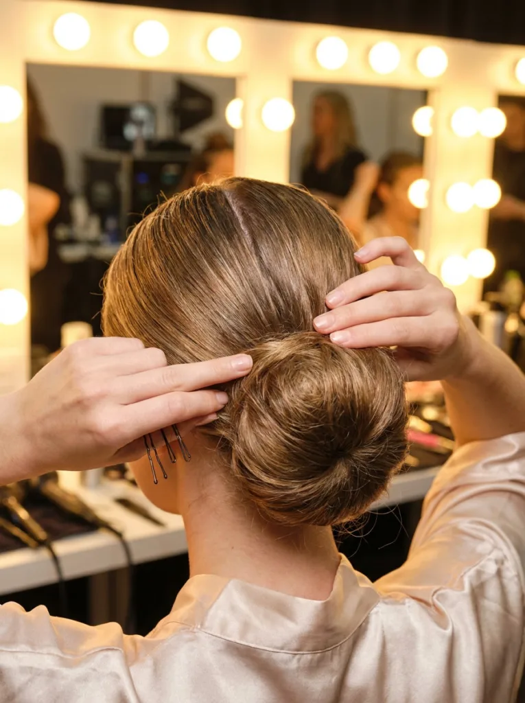 Woman blending a faux bun hair extension while getting ready for a holiday party.