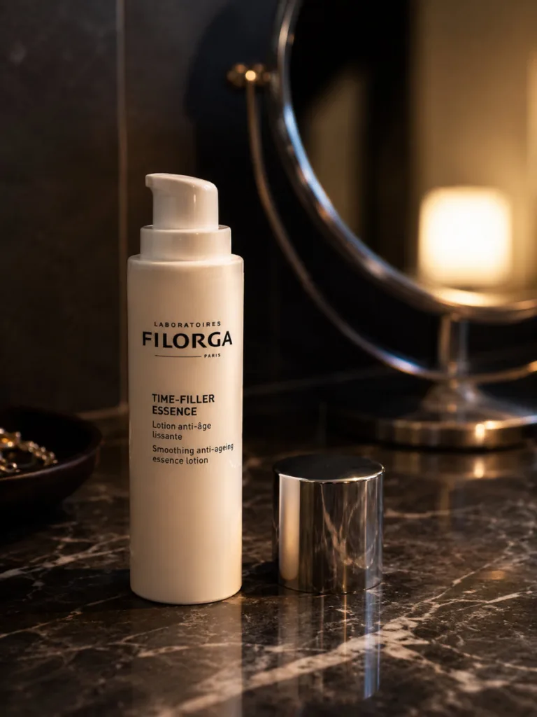 Filorga Time-Filler pump bottle in its silver-and-white packaging on a dark marble vanity under warm evening light