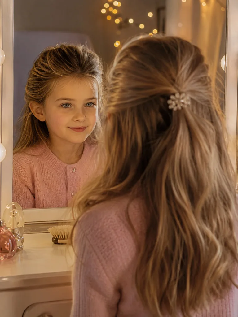 Volumizing half-up hairstyle for fine hair, an easy kids christmas hair idea