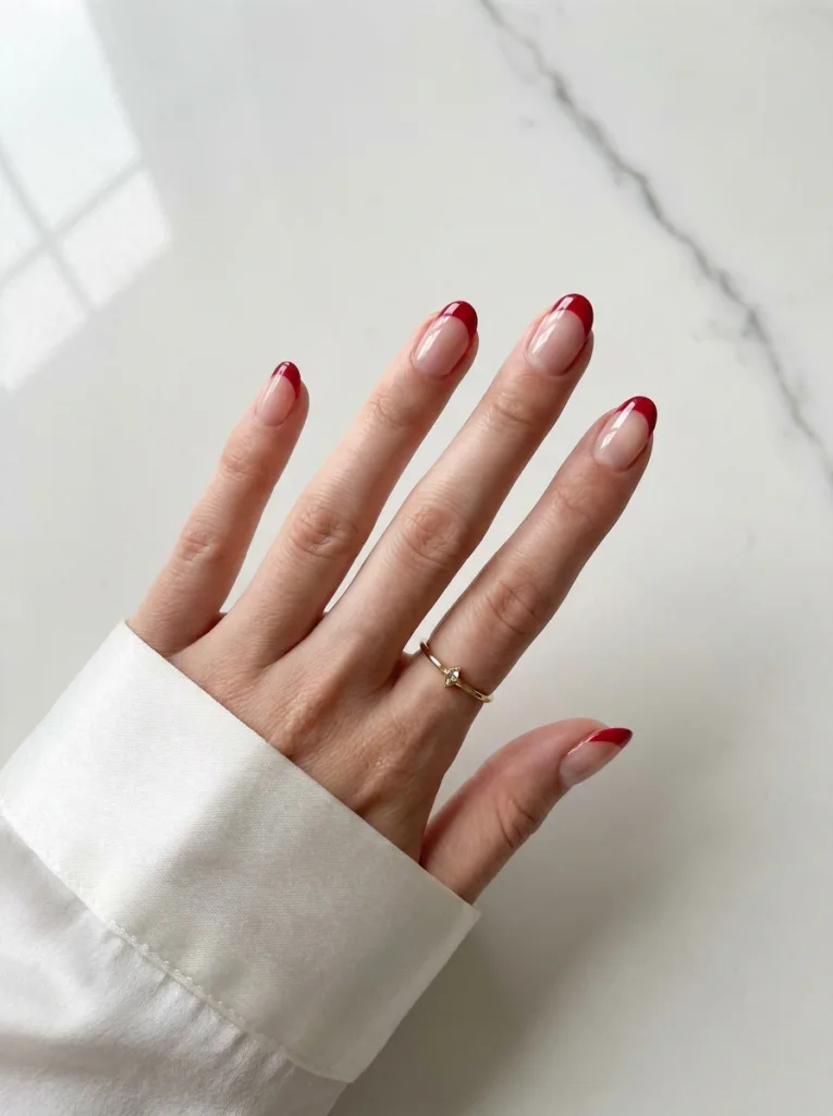 Red French tip nails at 2-3mm tip width on oval nails resting on a white marble slab with natural side lighting