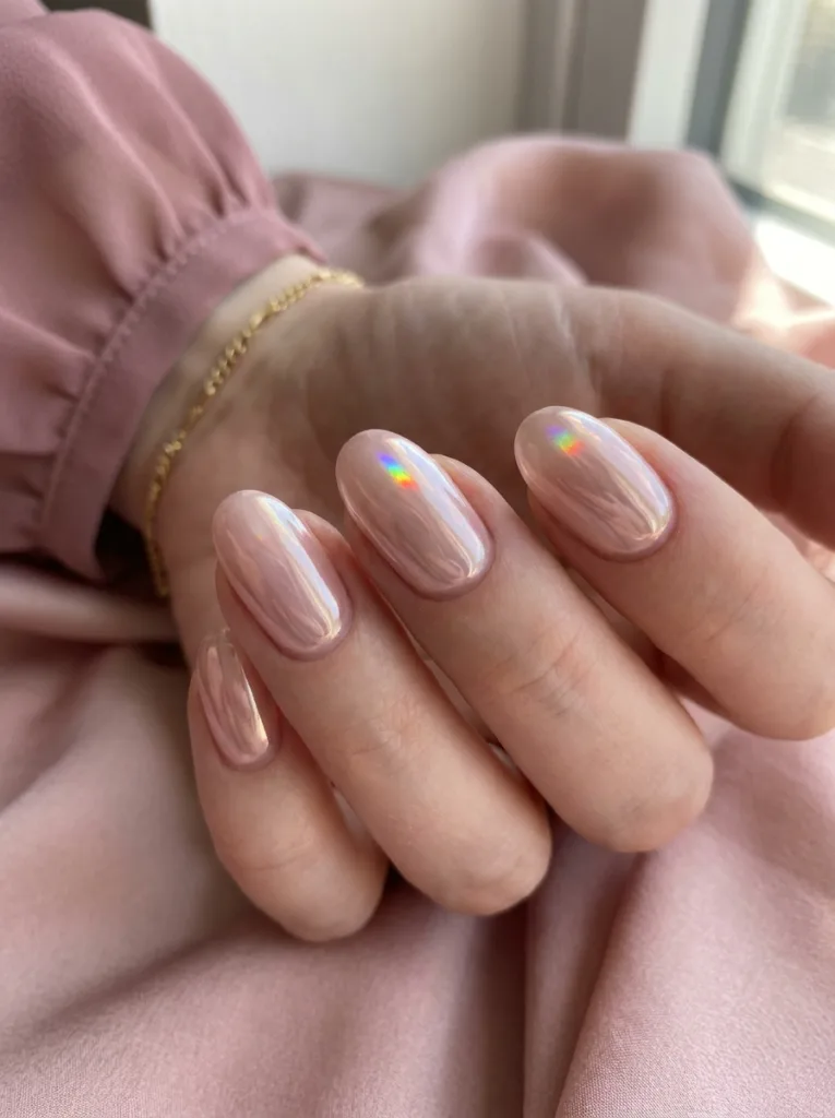 Blush pink glazed nails with chrome top coat catching a rainbow light reflection on almond-shaped nails
