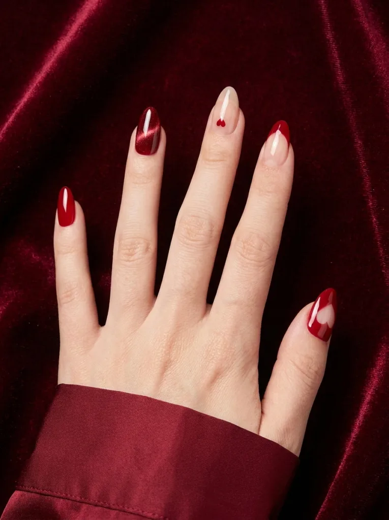 Five red valentines day nail designs on almond nails including cherry red, velvet cat-eye shimmer, nude with heart accent, red French tips, and negative space heart