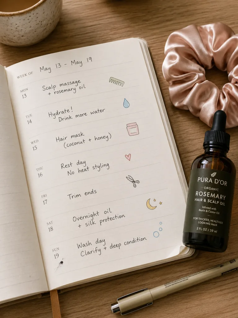 Weekly planner used to track a hair growth routine and habits