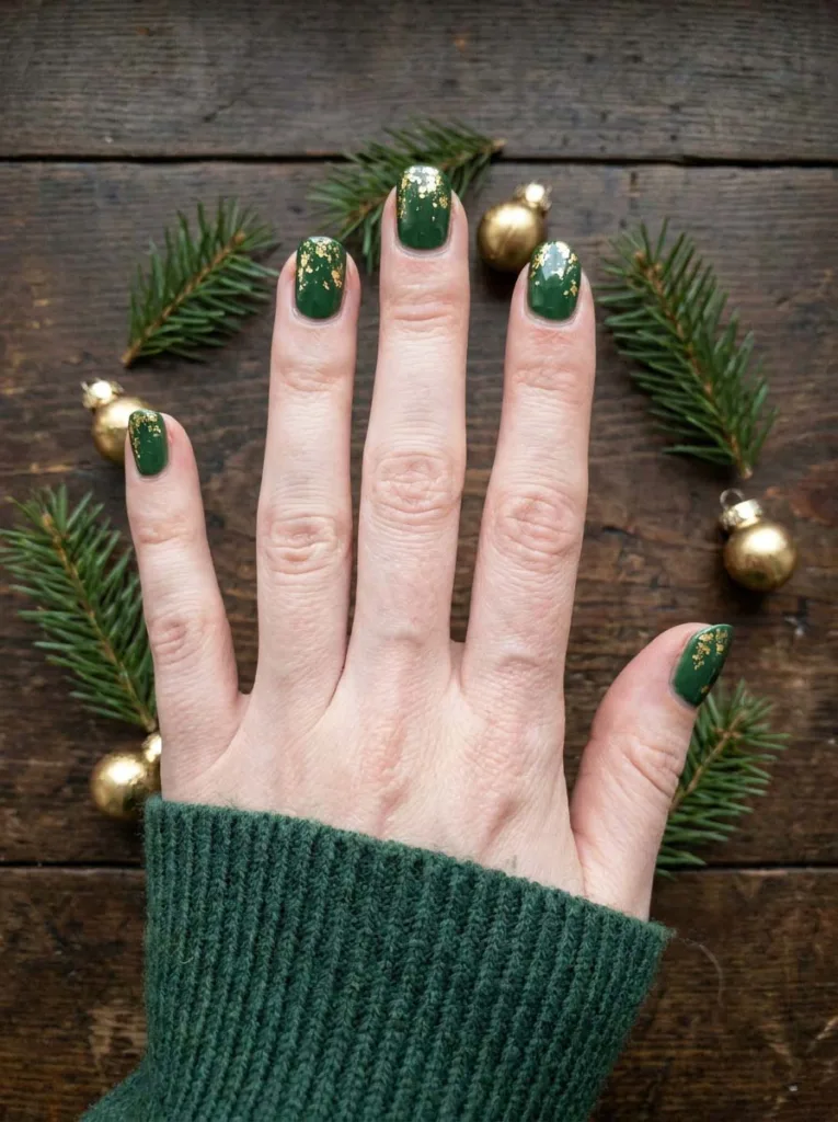 Forest green winter nails with gold foil flakes and pine styling