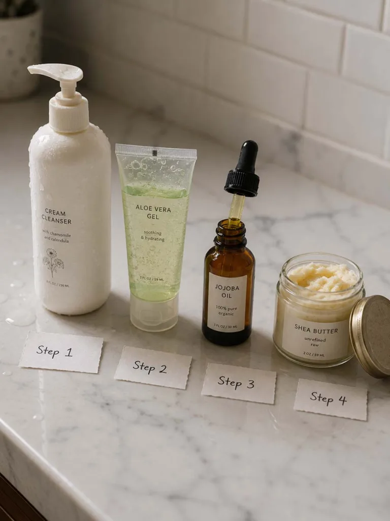 natural skincare products arranged in correct layering order thinnest to thickest for winter routine