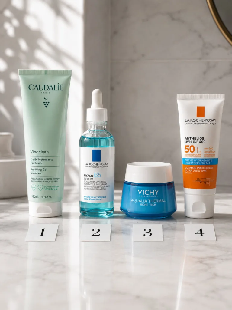 Four skincare products arranged in order on a marble counter showing the cleanse, hydrate, moisturize, and protect steps