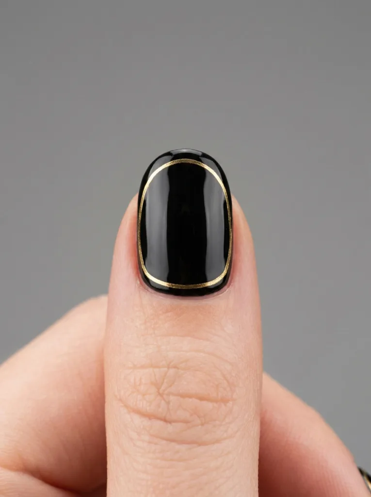 Macro close-up of a framed black Christmas nail design with a thin gold outline