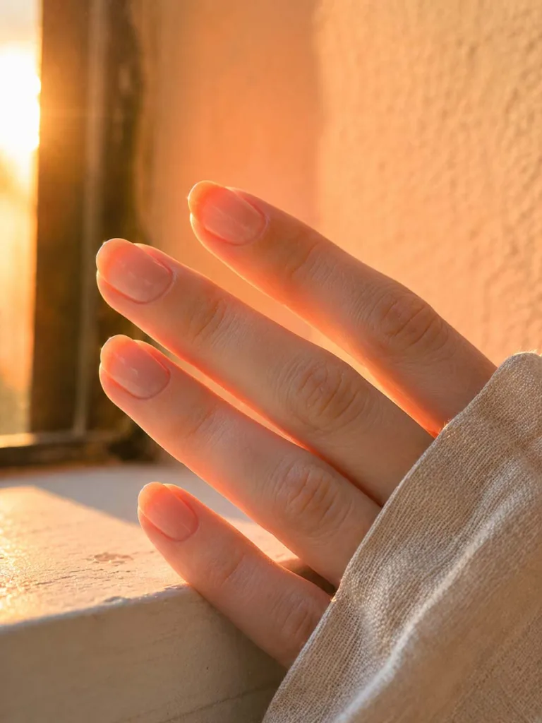 French ombre nails blending peach and cream at sunset