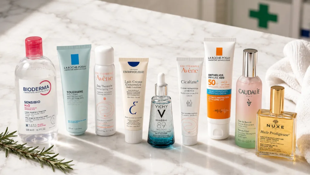 Flat lay of 15 French pharmacy skincare products arranged on white marble, representing every routine step from cleansing to anti-aging