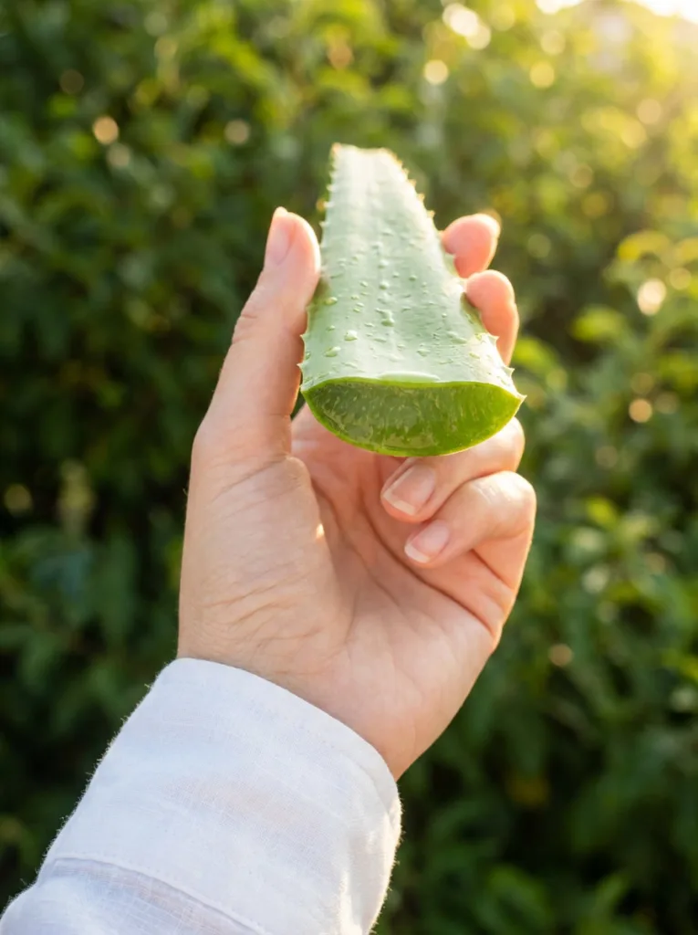 A fair-skinned hand holding a freshly cut aloe vera leaf against blurred green foliage, gel glistening in morning sunlight