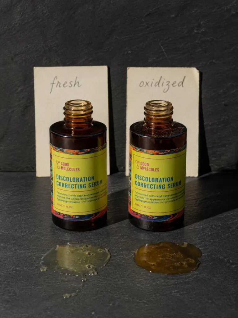 Side by side comparison of fresh and oxidized vitamin C serum showing color change