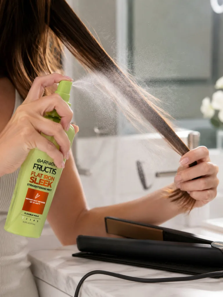 Heat protectant spray mist being applied to hair before flat ironing