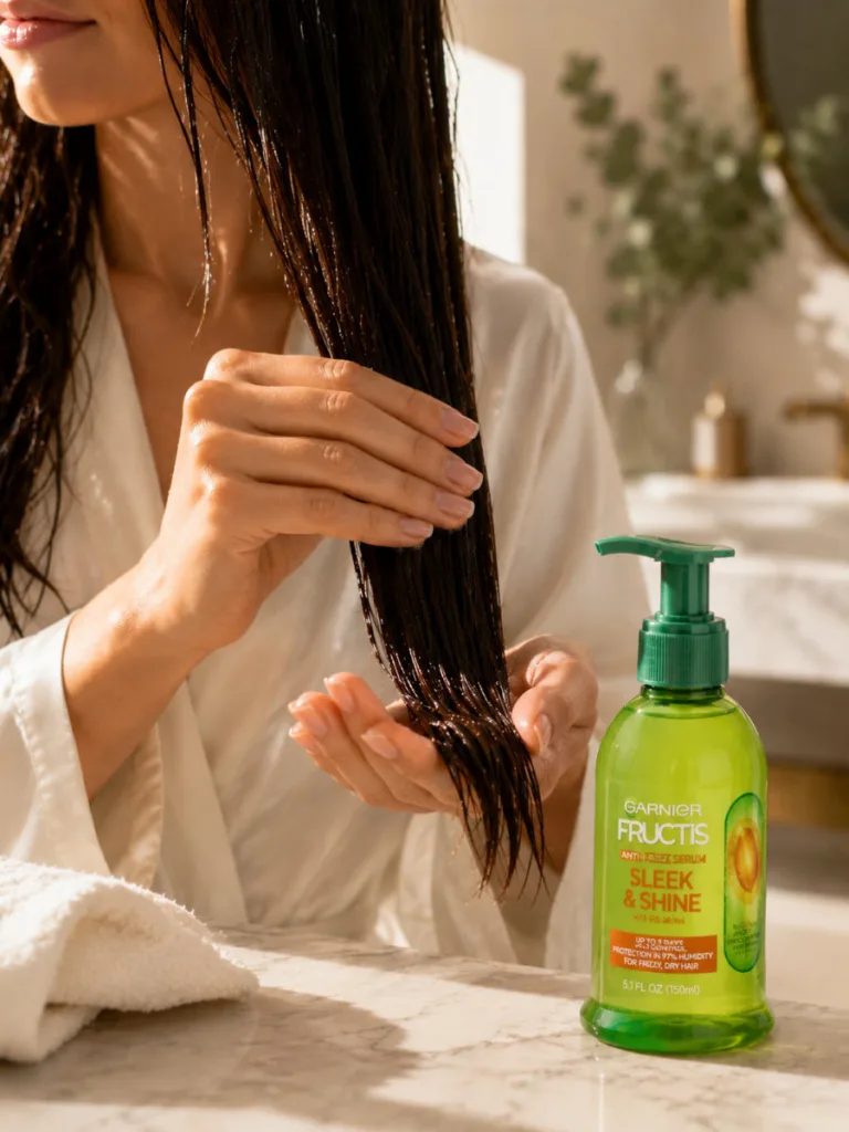 Macro shot of Garnier anti-frizz serum drop falling onto hair strands against a black background
