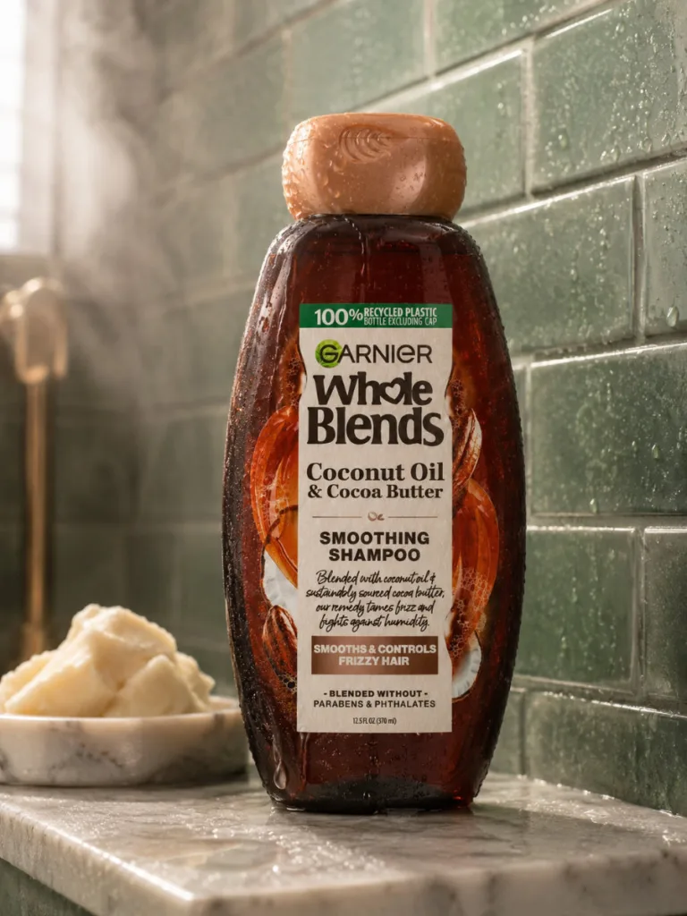 Garnier Whole Blends Smoothing Shampoo bottle on a wet shower shelf with visible water droplets