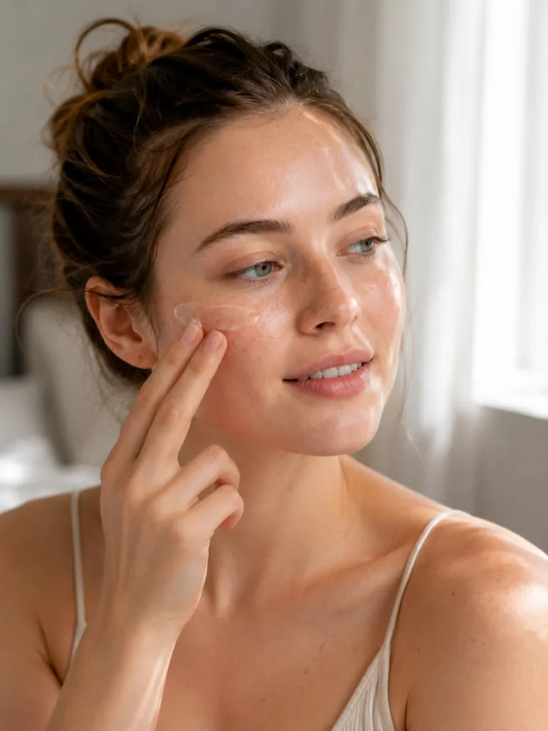 Woman applying a chilled gel moisturizer to her cheek in natural light