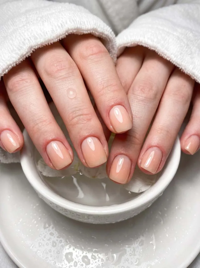 Glazed peach nails with a glossy glass-like finish