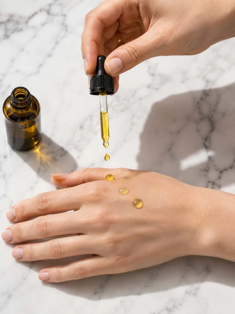 golden jojoba oil drops from glass dropper bottle onto fair skin hand for winter skincare