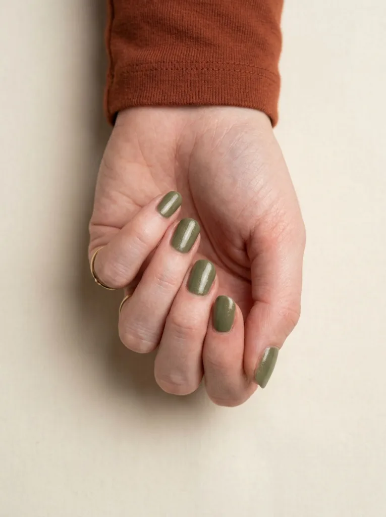 Flat lay close-up of golden olive green Thanksgiving nails