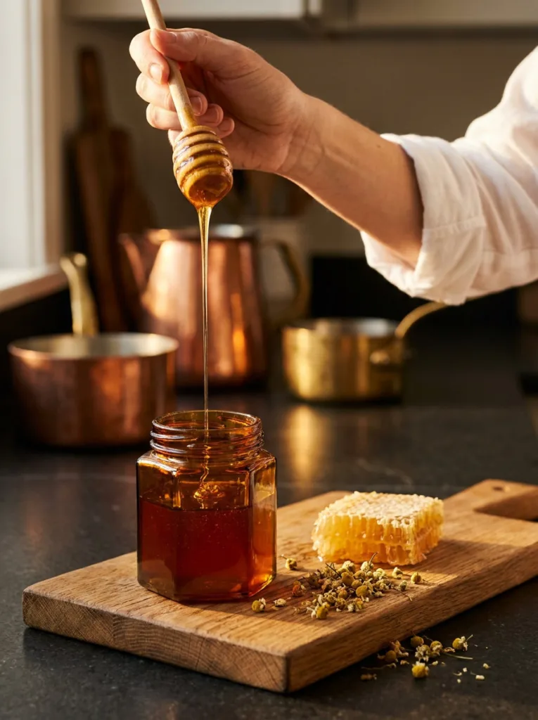 Golden raw honey drizzling from a wooden honey dipper into an amber hexagonal jar on a warm wooden surface, backlit by afternoon light