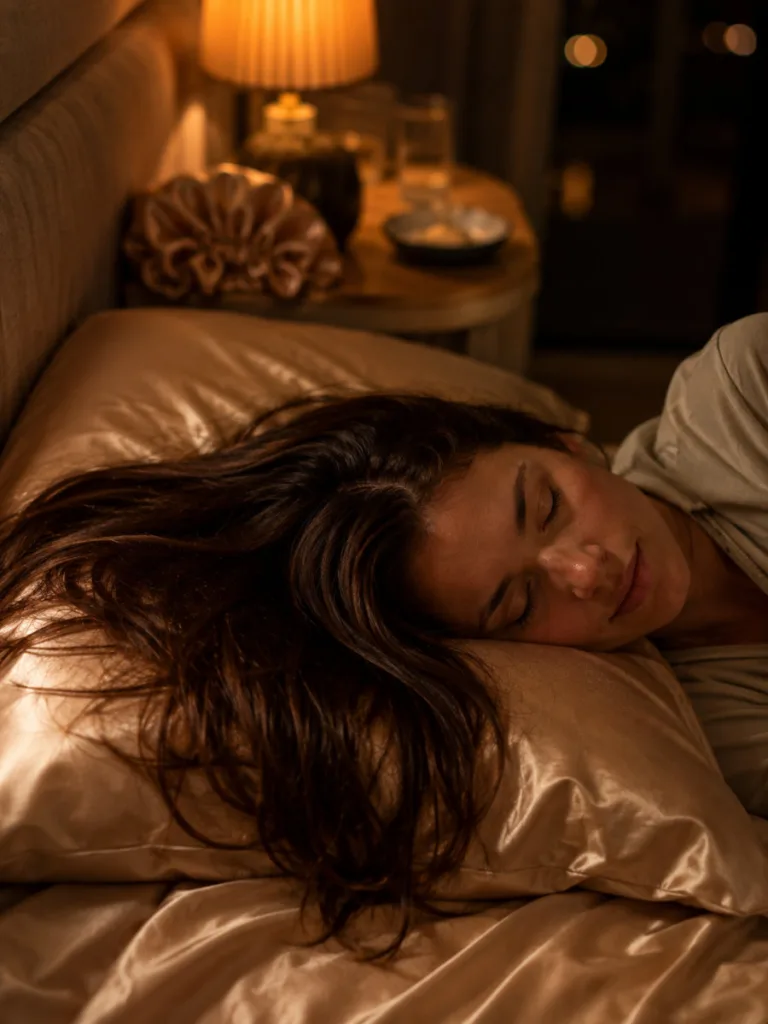 Hair spread across a silk pillowcase for overnight hair care