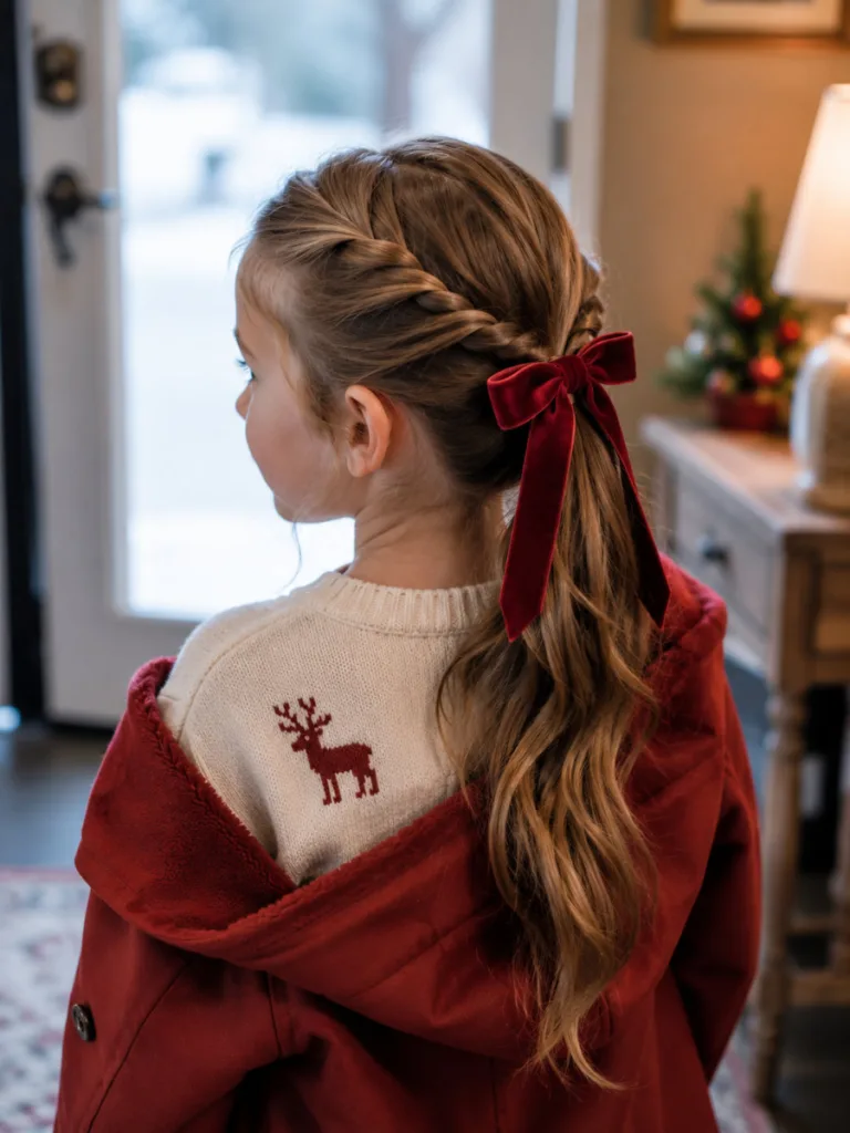 Half-up bow twist hairstyle on a young girl ready for a holiday party