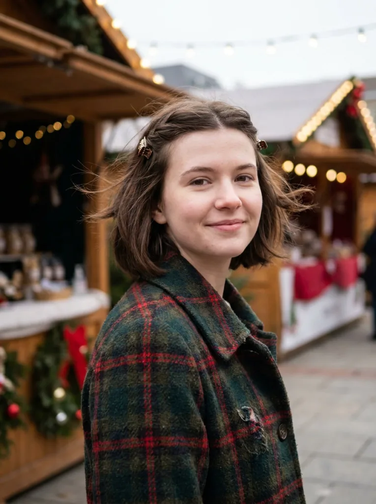Woman wearing a half-up clip twist hairstyle at an outdoor holiday market.