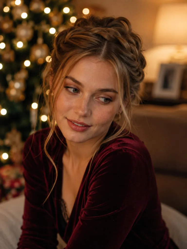 Woman with a half-up twist hairstyle in front of a decorated Christmas tree.