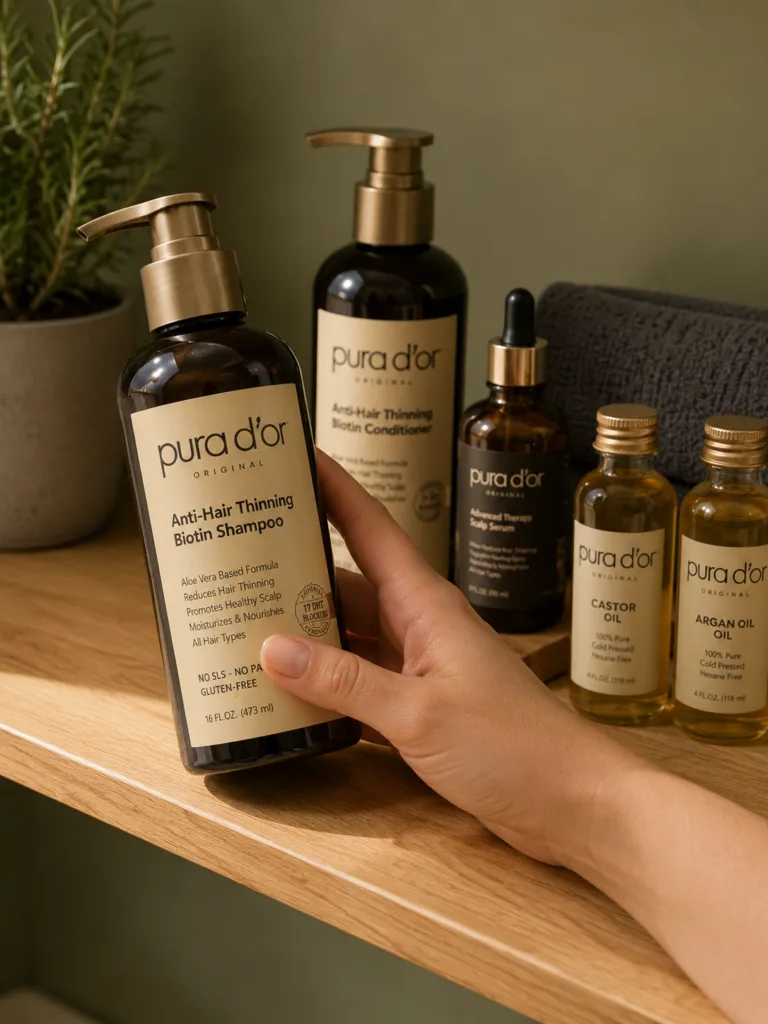 Hand holding a Pura D'Or natural hair thinning shampoo bottle with the full organic hair regrowth product lineup on a wooden shelf