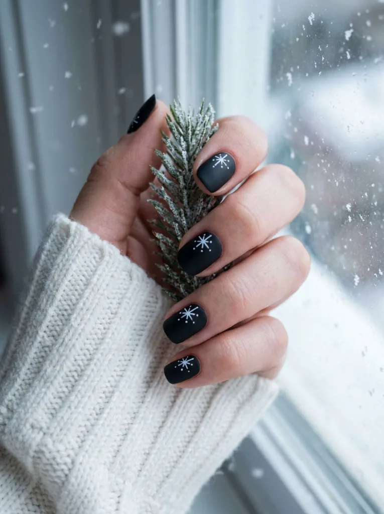 Hand-painted snowflake nail art on matte black Christmas nails by a frosted window