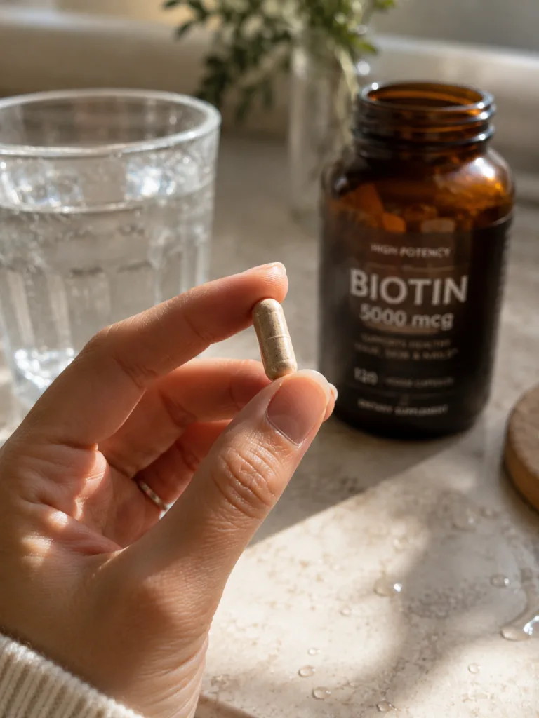 Hand holding a hair growth vitamin next to a glass of water