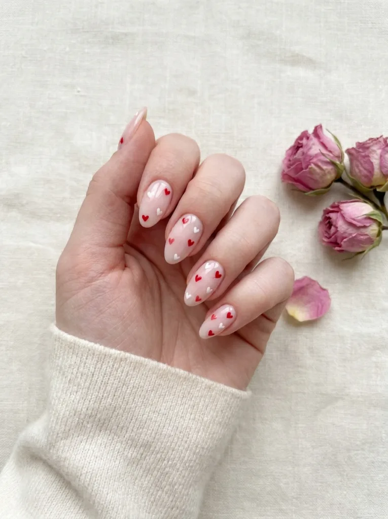 Milky pink nails with tiny white and red micro hearts scattered across each nail in varying sizes from 2 to 5mm
