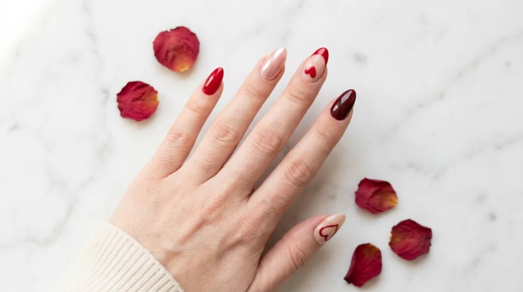 25 valentines day nails ideas including red, pink, chrome, French tip, and dark bold designs to DIY at home