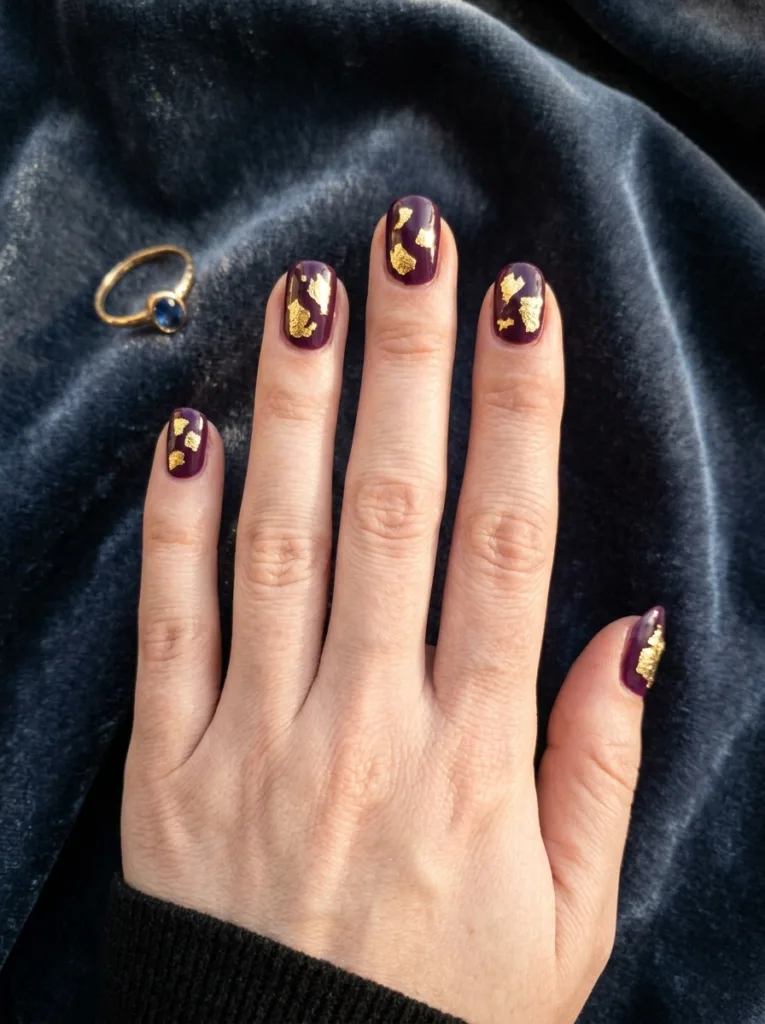 Jewel-toned plum almond nails with 2-3 small irregular gold foil pieces per nail on dark slate-blue velvet with warm side lighting and a gold ring