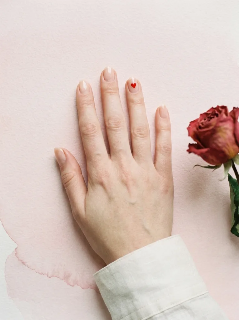 Nude nails with a single 4mm red heart accent on the ring finger, photographed on a blush pink watercolor paper background