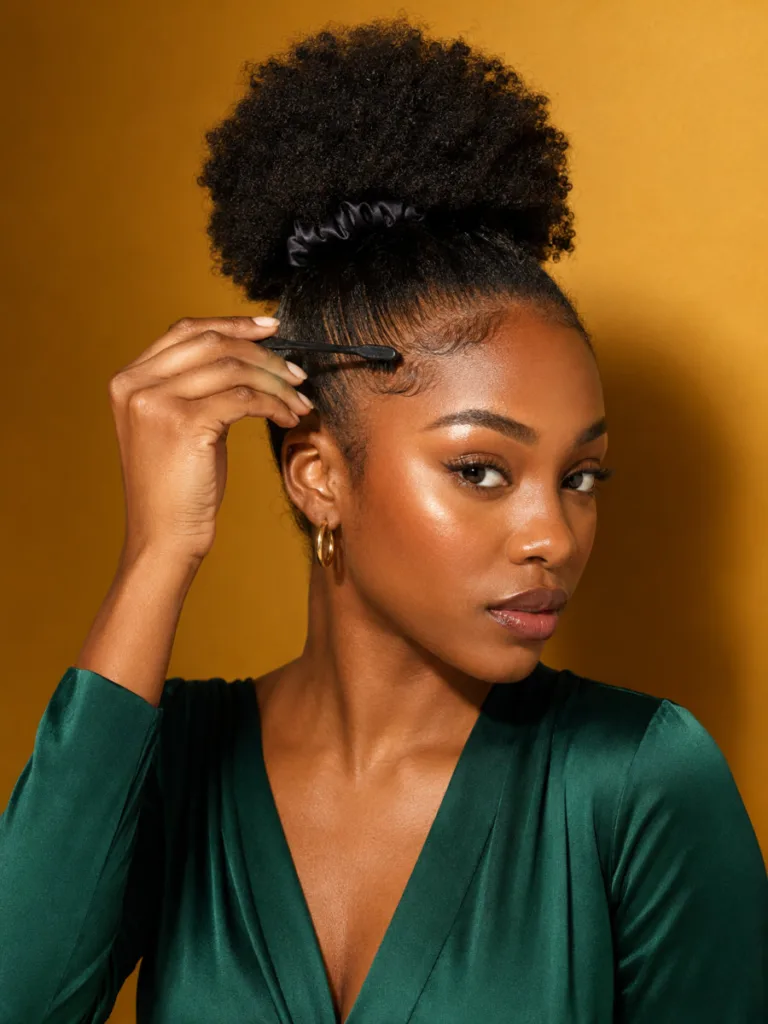 Woman with a high curly puff updo and laid edges for a festive holiday look.