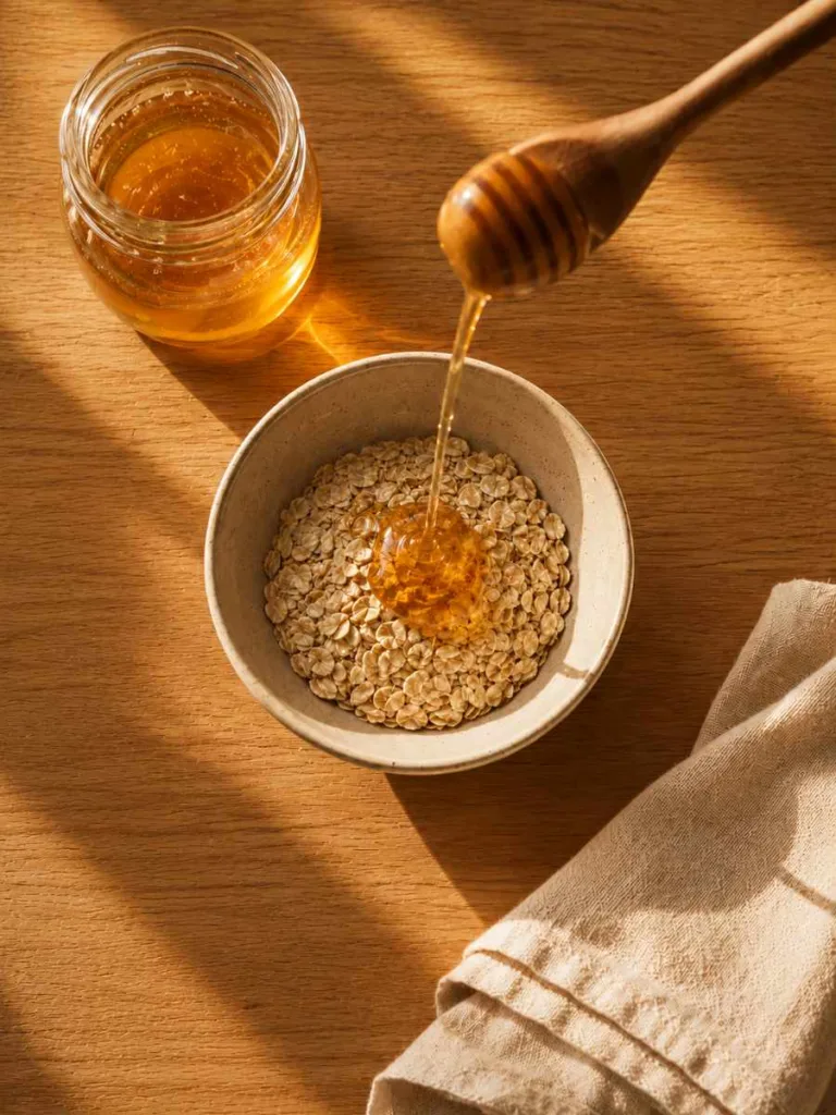 Honey oat organic face mask ingredients being mixed in a bowl