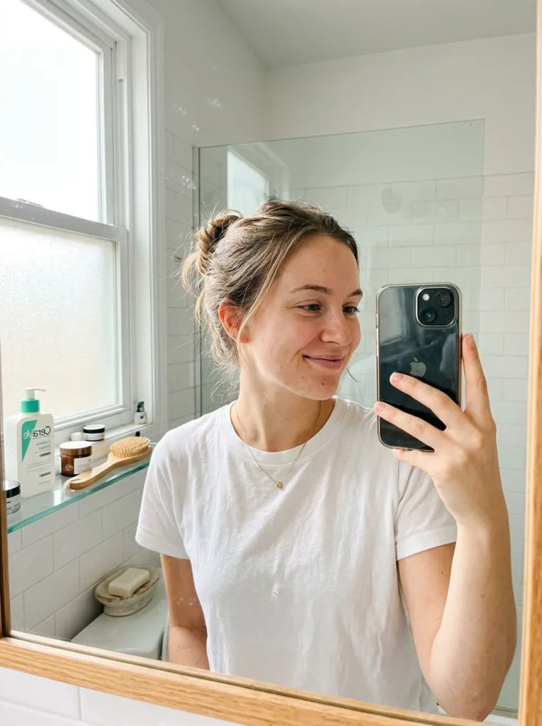 Woman checking her dry skin progress in the mirror during The Ordinary routine
