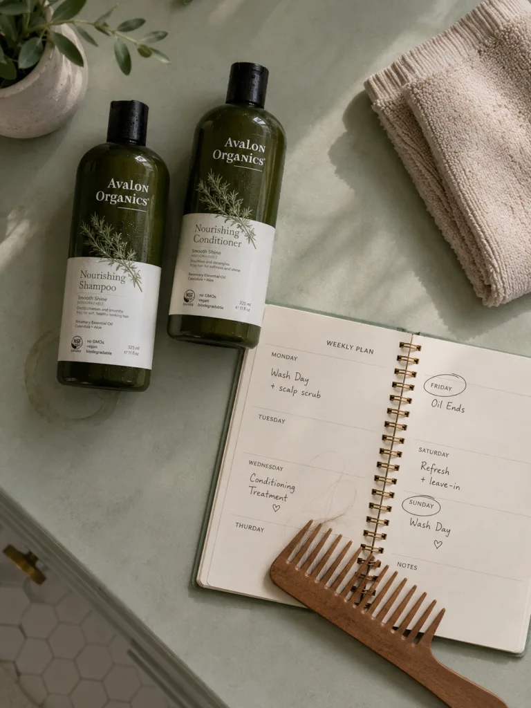 Weekly planner marking wash days to avoid overwashing hair