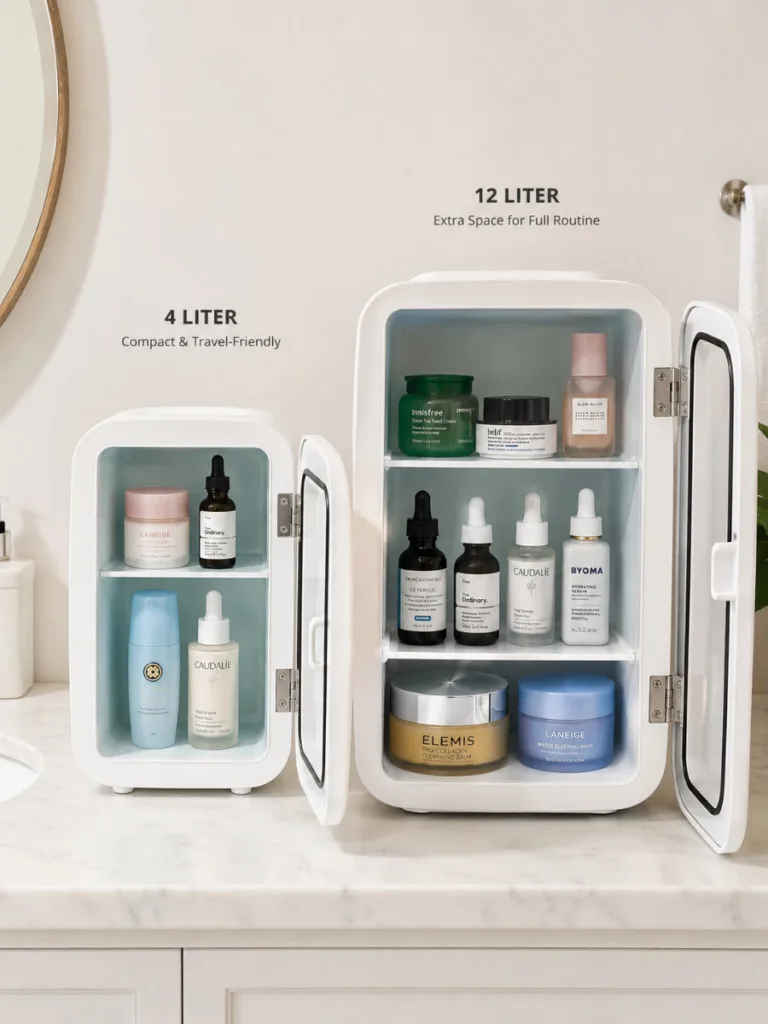 Side-by-side comparison of a small and a medium skincare fridge on a bathroom counter