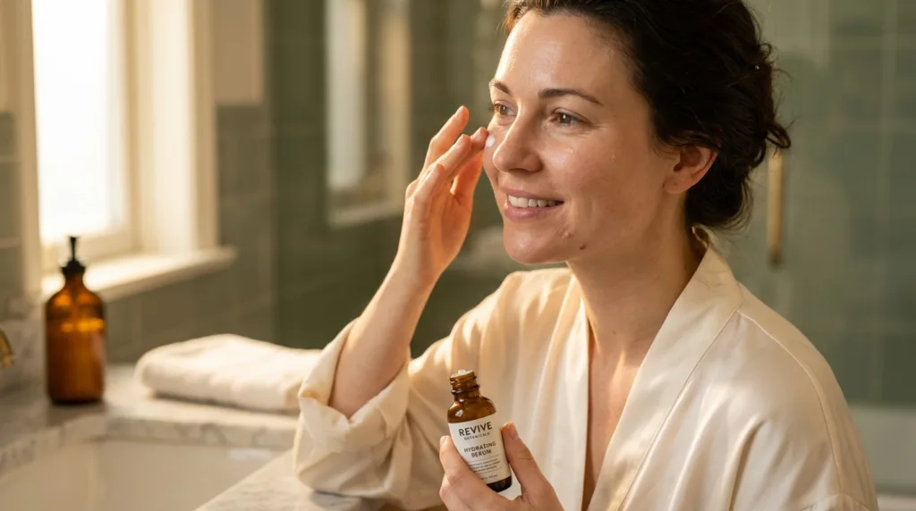Woman applying serum to reduce fine lines during her morning skincare routine