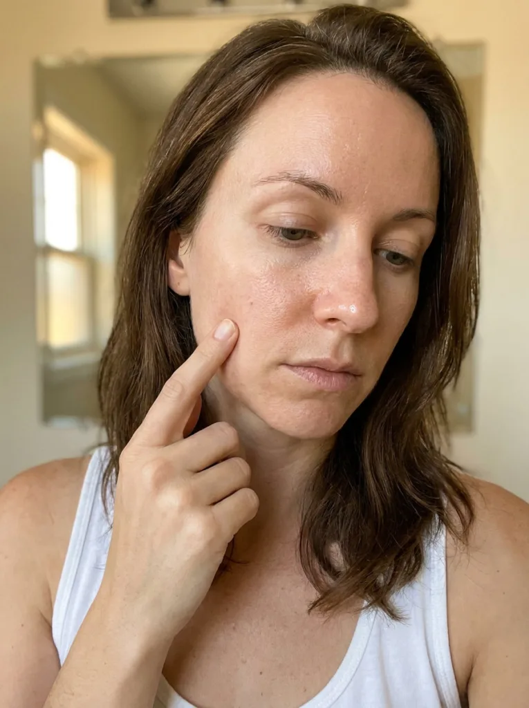 Woman examining her skin in bathroom mirror after washing face — how to identify skin type before buying skincare