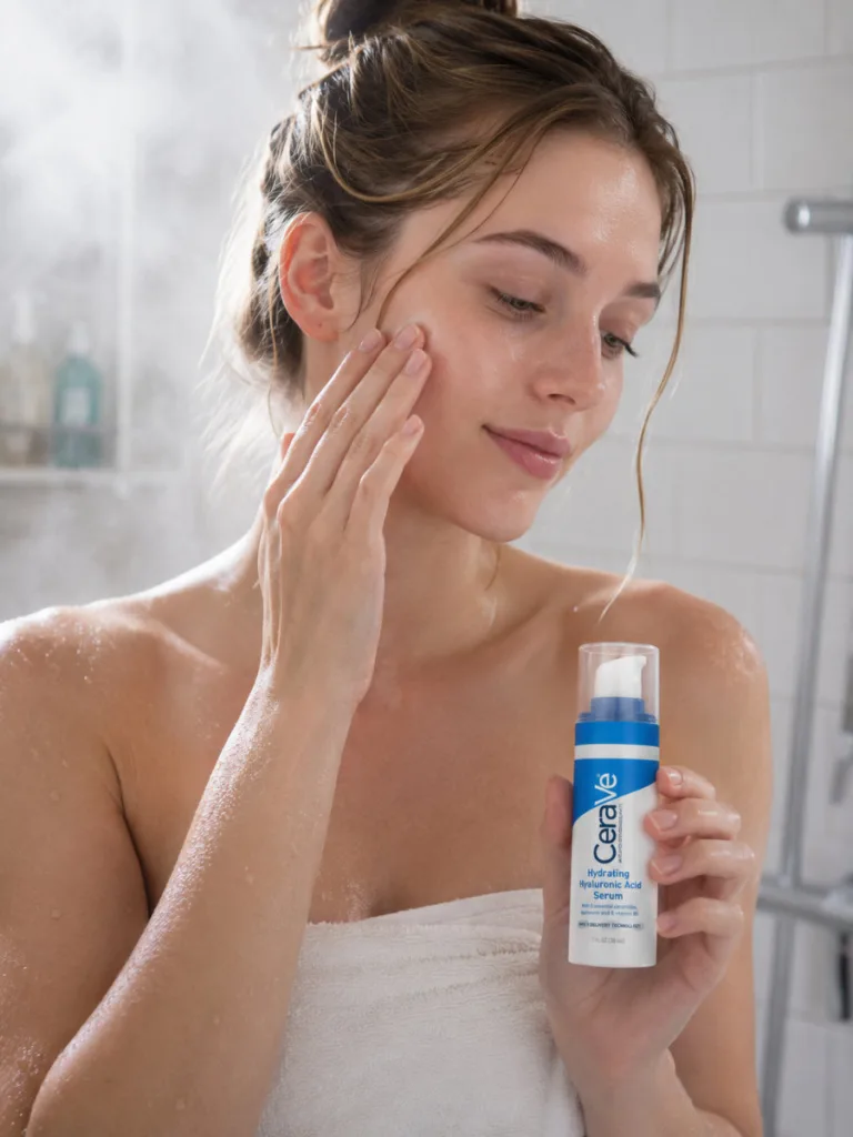 Woman applying chilled hyaluronic acid serum to damp skin after a shower