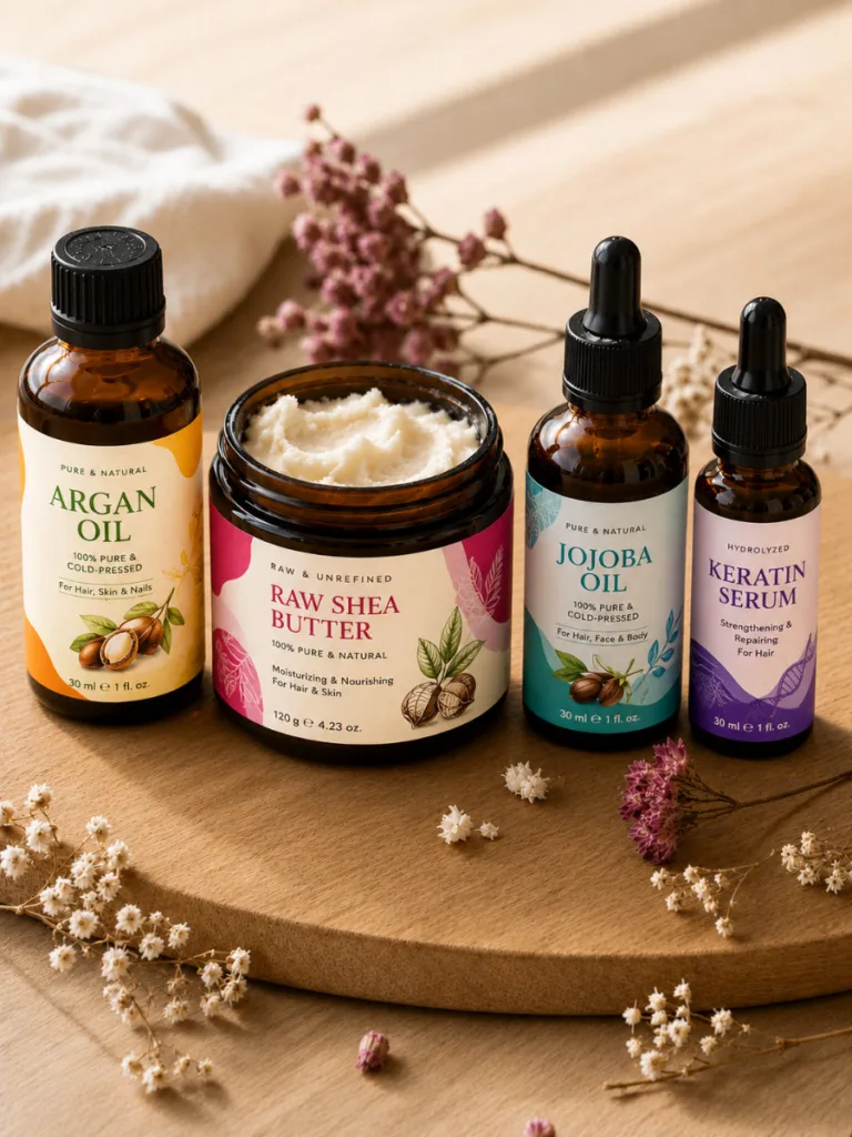 Flat lay of argan oil, shea butter, and jojoba oil, key ingredients for frizzy hair