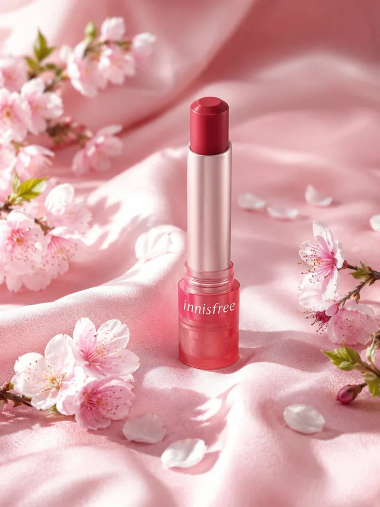 Innisfree Jeju Cherry Blossom lip balm surrounded by cherry blossom petals