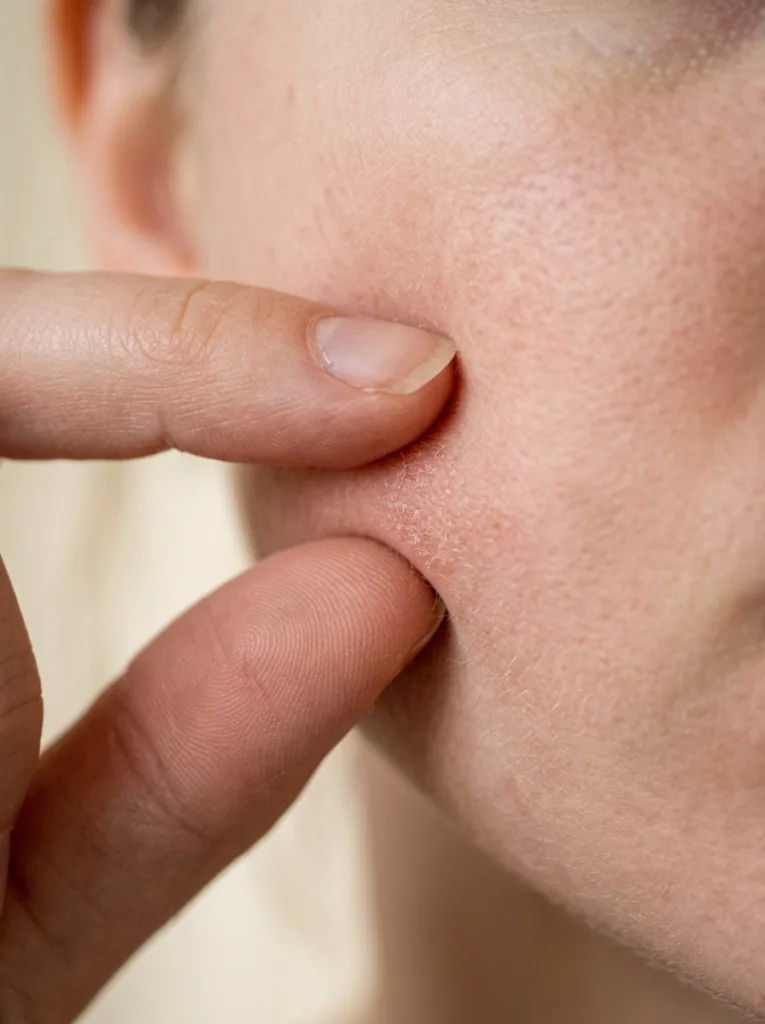 Close-up pinch test to check for dry skin vs dehydrated skin