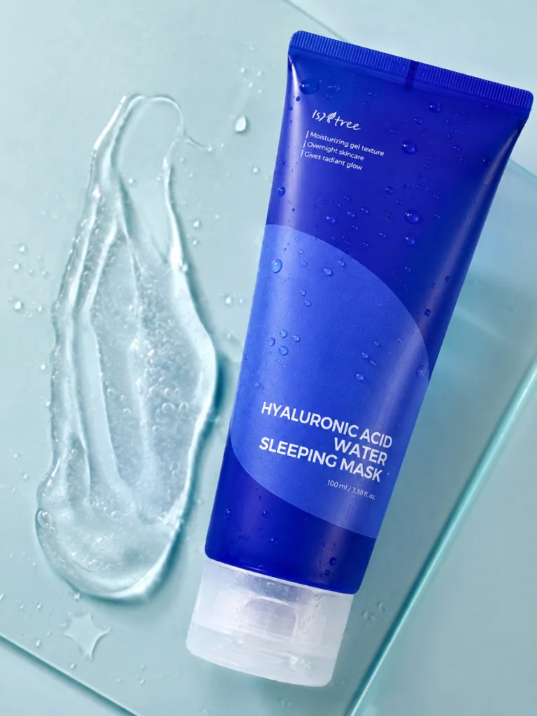 Isntree Hyaluronic Acid Water Sleeping Mask bottle beside a gel texture swatch