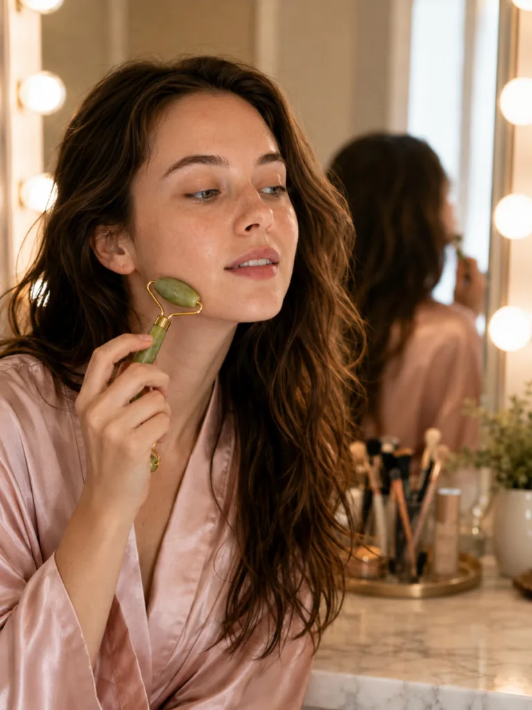 Woman using a chilled jade roller along her jawline at a home vanity