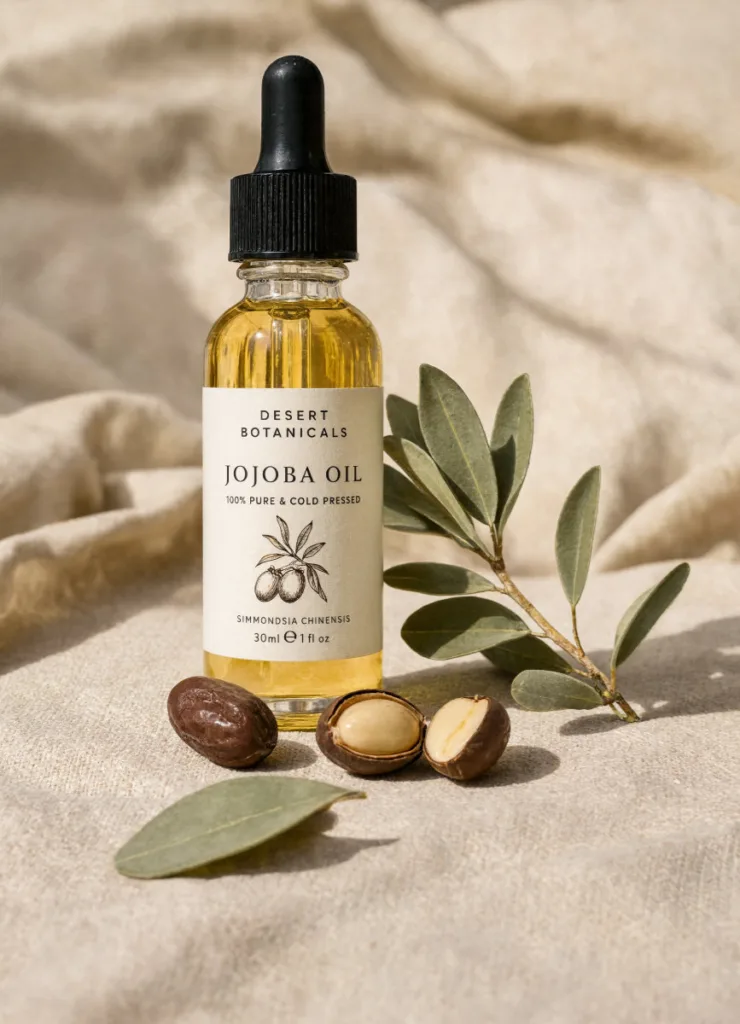 Clear glass bottle of golden jojoba oil standing on sandy-colored linen fabric with a jojoba plant sprig and cracked jojoba seeds beside it
